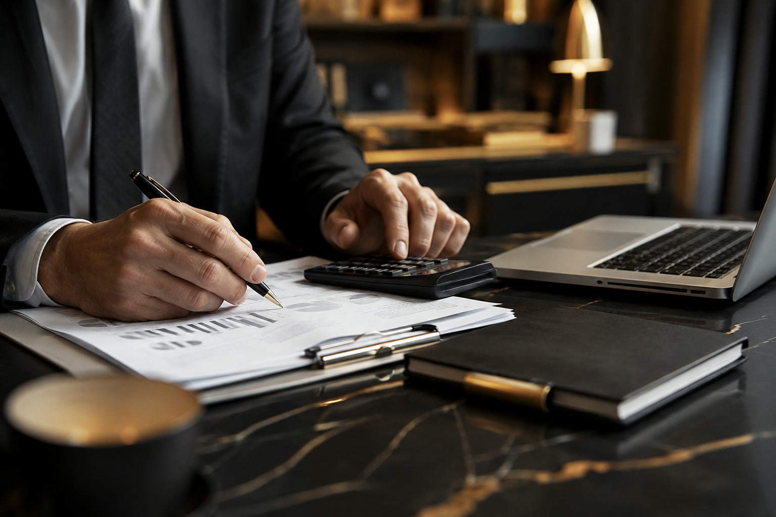 An accountant reviewing financial statements at a desk