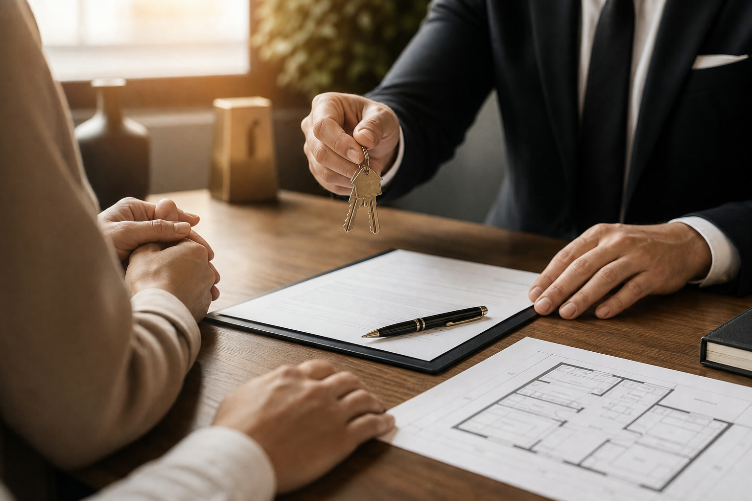 A solicitor handing house keys to property clients