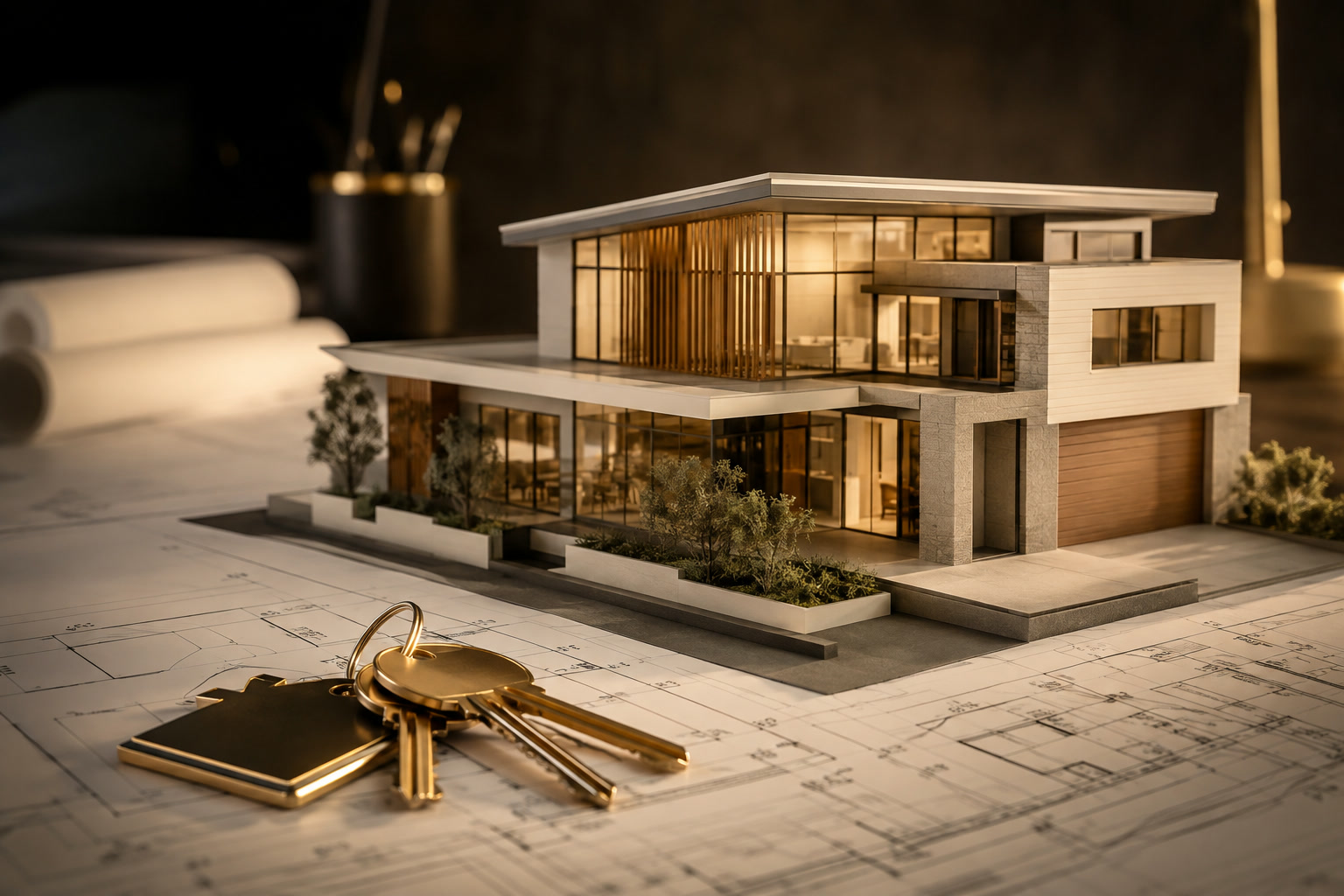 Architectural model of a contemporary home with house keys
