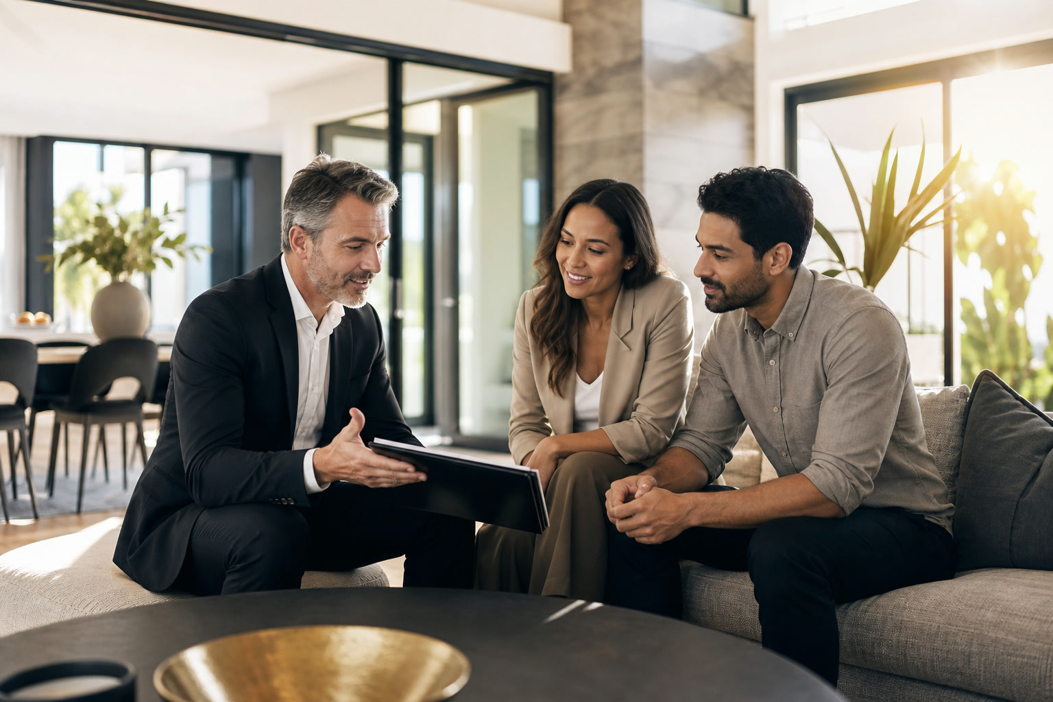 A property adviser consulting with clients in a modern home